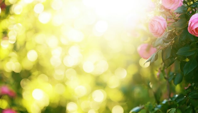 Pink garden roses blooming on leafy bushes with soft golden sunlight and bokeh background.