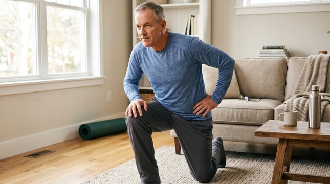 Floor rise movement shows practical everyday capability for mature adult, linking balance, wellness, strength and healthy aging without gym focused aesthetics or equipment.