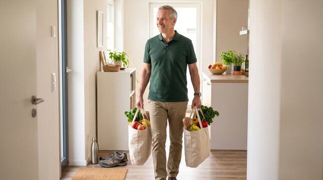 Functional wellness after 50 is shown through controlled grocery carrying, linking strength, mobility, active living and independent everyday movement at home.
