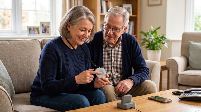 Senior couple tests medical alert pendant for future safety, showing practical retirement healthcare planning, emergency preparedness and continued independence at home together.