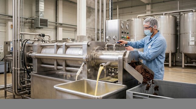 Cocoa liquor pressing operation showing stainless steel machinery, ingredient separation and professional industrial food processing workflow.