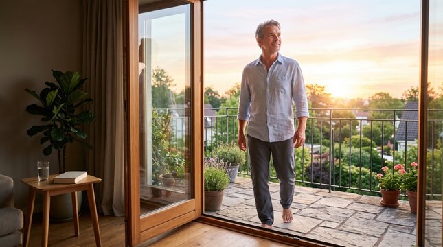 Man steps onto balcony into early sunlight, creating simple circadian wellness image about body clock support, fresh air and morning habit consistency.