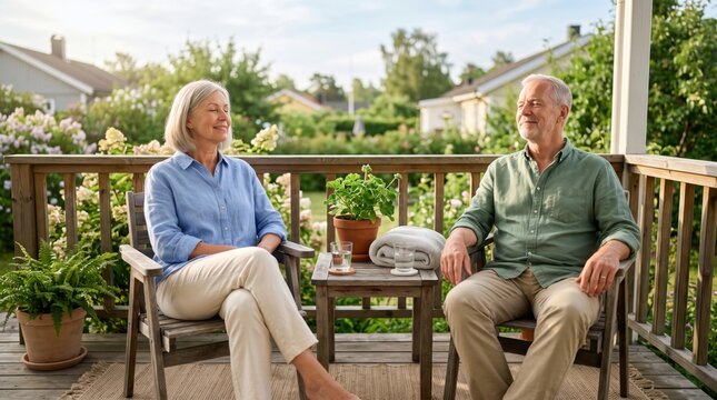 Morning sunlight on terrace turns quiet shared moment into broad commercial image about healthy aging, circadian health and simple consistent wellness habits together.