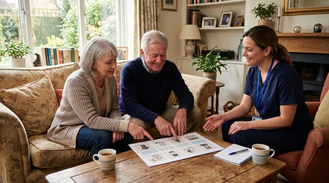 Senior couple studies home care plan with visiting nurse, showing practical preparation for future support, aging in place and coordinated long-term healthcare at home together.
