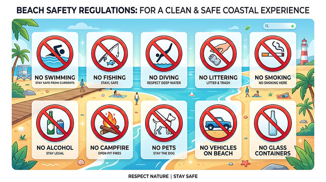 Beach Safety Regulations: Coastal Experience Icons, No Swimming, No Fishing, No Diving, No Littering, No Smoking, No Alcohol, No Campfire, No Pets, No Vehicles, No Glass Containers
