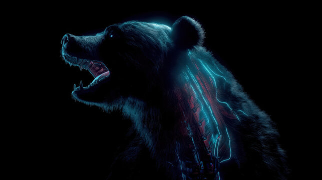 Silhouette of a cyber-bear in backlighting against a dark background at night