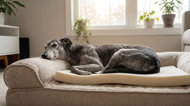 Dog resting in animal shelter, creative anthropomorphic lifestyle scene exploring animal behavior, responsible care, companionship, wellbeing, humane values, education, modern lifestyle