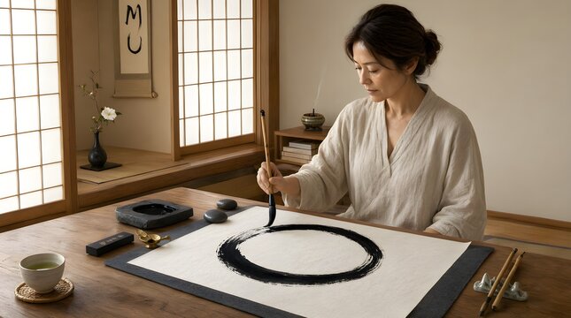 Woman Painting an Ensō Circle: Zen Calligraphy in a Traditional Japanese Room