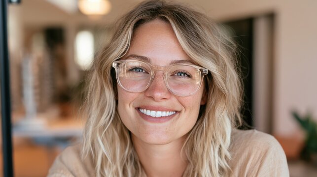 Indoor headshot of a happy woman with glasses, professional and approachable
