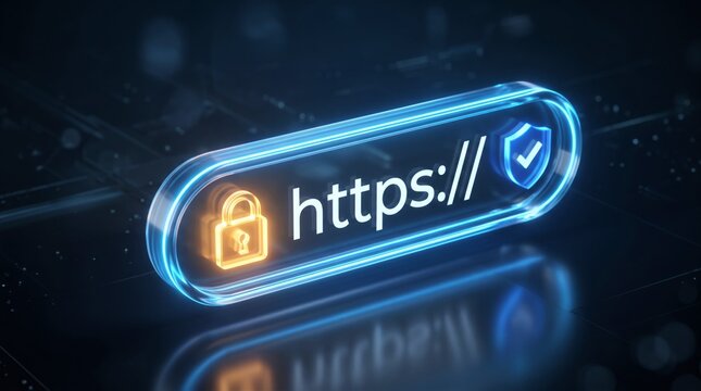 Secure https protocol connection bar displays glowing orange padlock icon and blue shield symbol on a dark glass textured surface