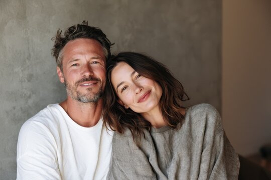 Indoor portrait of a smiling couple in casual clothing against a gray concrete wall