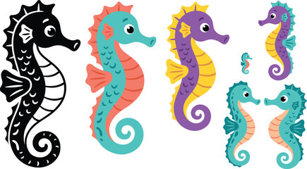 Colorful seahorse illustrations collection featuring tropical marine animals in playful cartoon style © Chandra 