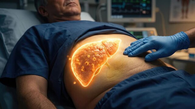 Hepatic organ affliction: liver damage, hepatitis diagnosis, medical examination, disease symptom, patient care, human abdomen, viral infection, internal health.