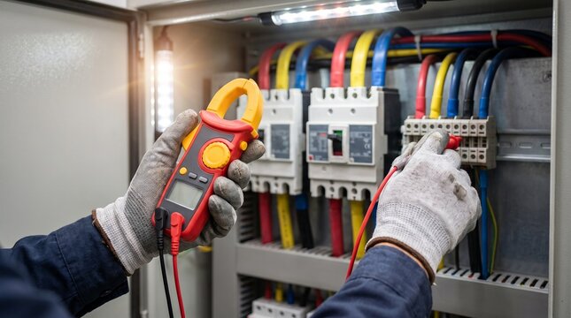 Electrician measuring electrical voltage with a digital clamp meter inside an industrial power distribution panel box