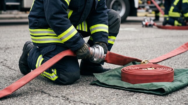 Firefighter kneeling on asphalt connecting a red fire hose for emergency rescue operation during training exercise