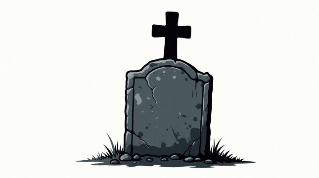 Cracked stone gravestone with cross silhouette sits on white background. Symbolizes death loss and remembrance with grass. Old burial marker.