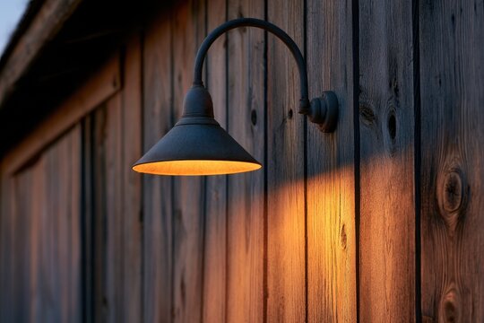 Industrial-style gooseneck light highlighting wood grain on a country barn exterior