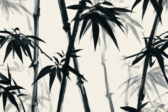 Ink wash bamboo wallpaper pattern in monochrome with graceful brush strokes and soft gray accents