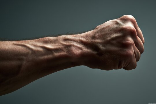 Intense hand gesture: right fist clenched in preparation for confrontation, studio lighting