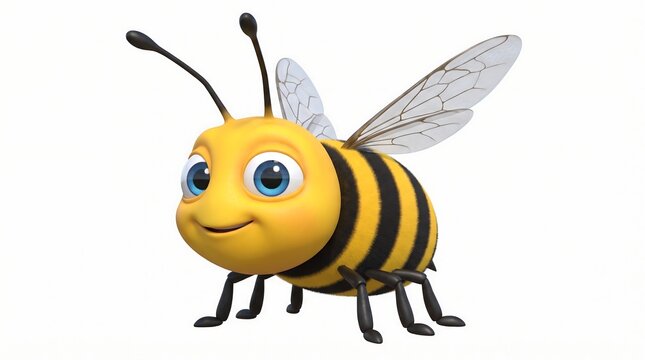 Cute honey bee character with blue eyes, friendly cartoon bumblebee on white background, 3D render mascot for nature and education