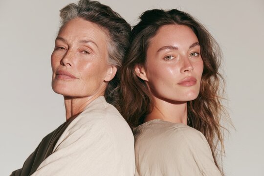 Intergenerational beauty: smooth skin and minimal makeup in a back-to-back portrait of two ages