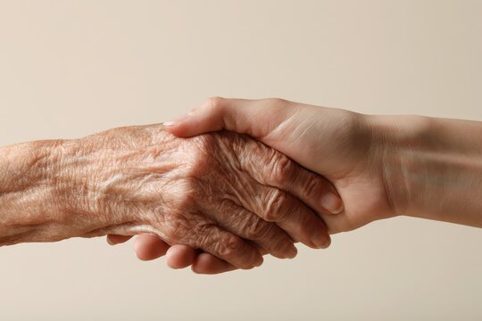 Intergenerational hands clasped in tenderness and connection, warm tones