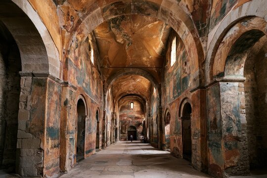Interior of a 14th-century Italian chapel with a wall fresco cycle and stone arches