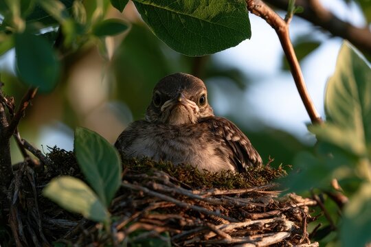 Intimate image of a fledgling mockingbird sheltered in a twig nest
