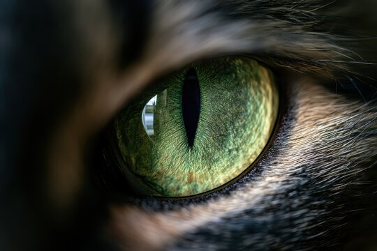 Intimate macro photograph of a feline eye with emerald iris, reflective highlights, and fine eye texture