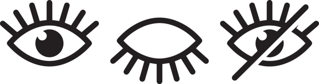 Three black outlined vector eye icons depicting open, closed, and crossed-out states for visibility controls.