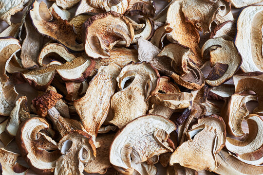 Dried wild mushrooms background. Top view.