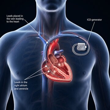 Medical diagram of implantable cardioverter defibrillator (ICD) with lead wires placed in heart chamber anatomy
