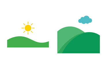 Fototapeta premium Minimalist vector illustration of rolling green hills with a bright sun and a single blue cloud icon