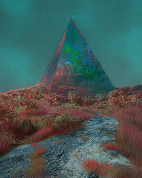 Iridescent Crystal Pyramid Standing On Red Grass Hillside Under Teal Sky
