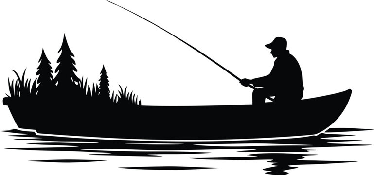 Black silhouette of a fisherman sitting in a small boat on the water with pine trees nearby