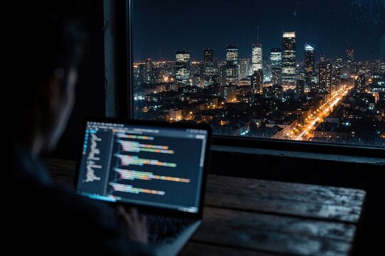 Programmer works late at night on laptop with code displayed. Focus on illuminated city skyline outside window. Developing software in urban environment.