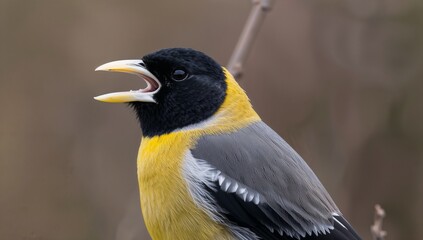 Fototapeta premium Evening Grosbeak Coccothraustes Vespertinus Colorful Songbird with Yellow Plumage