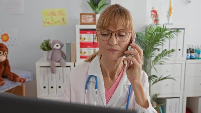 Woman doctor holding phone to ear with stethoscope and glasses, looking at monitor amid stuffed toys and file cabinets in pediatric clinic building; concerned care.