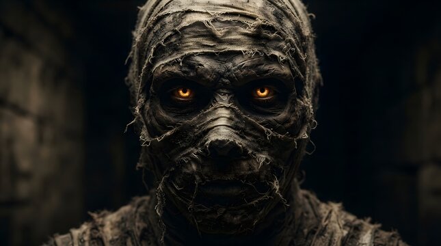 Closeup portrait of a terrifying ancient mummy with glowing orange eyes wrapped in tattered bandages in a dark, mysterious tomb setting
