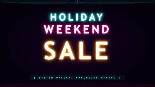 Neon Holiday Weekend Sale Text Animation with Retro Grid Background