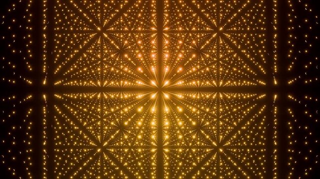 Luxury seamless loop animation of moving slowly through a dense matrix of golden bokeh particles 3d render, premium art deco abstract champagne gold background on black