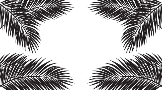 Black palm leaf silhouettes arranged in four corners for natural exotic frame graphic design compositions.