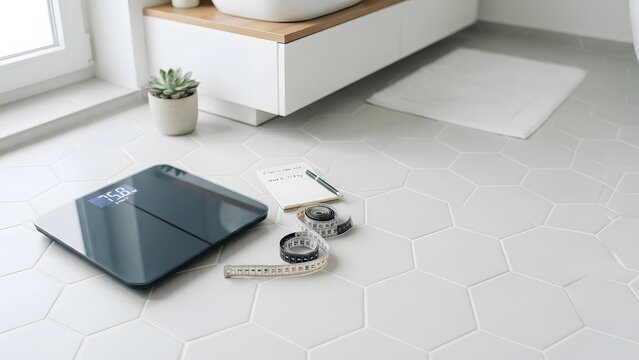 Bathroom scale with tape measure and notebook on hex tile floor, symbolizing weight loss and health