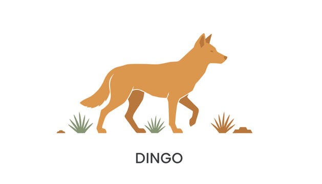 Silhouette style illustration of a wild dingo walking through a dry desert landscape with sparse prickly vegetation.