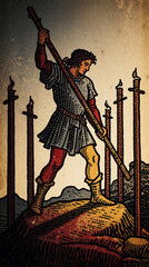 Obraz premium Person holds staff on hilltop defending against unseen foes. Six wands stand in background suggesting conflict and challenge. Represents courage, perseverance, and standing firm against adversity.