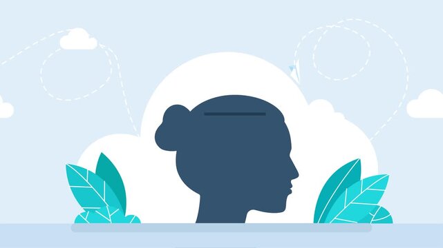 Silhouette of woman`s head. Sideways. Influence of others on a person's thinking. Thinking and opinion of internal voice. Seeking answer. Thoughts enter the brain. Propaganda. 2d flat animation