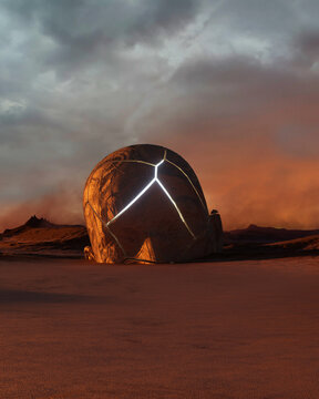 Massive Alien Spherical Monolith With Glowing Cracks In Desolate Desert Landscape