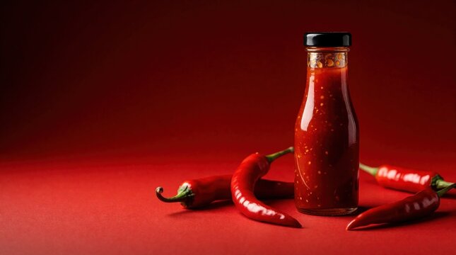 Glass bottle filled with spicy red chili sauce stands on red background. Fresh red hot peppers lie around container. Tasty hot condiment with seeds for cooking tasty meals adding heat to food in