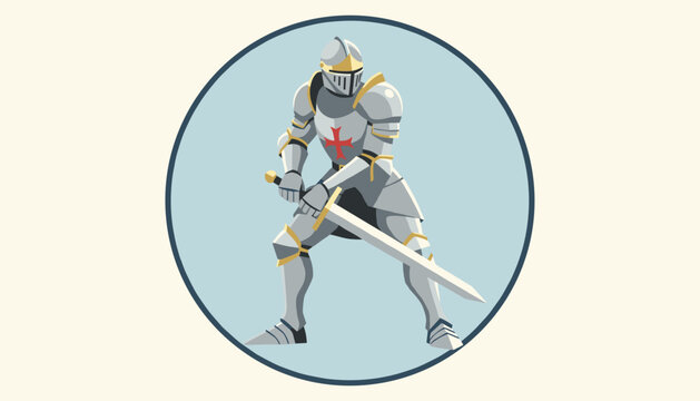 Heroic medieval knight in full silver plate armor stands ready for battle holding a large sword within a circular frame.