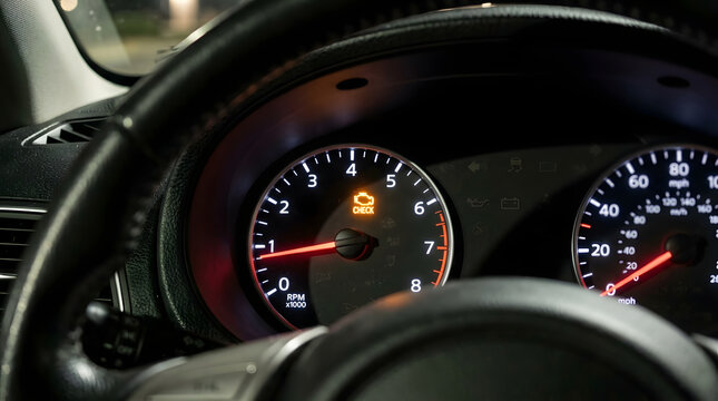 Orange check engine light glows on vehicle dashboard console indicating signals for urgent repair need for automobile motor system